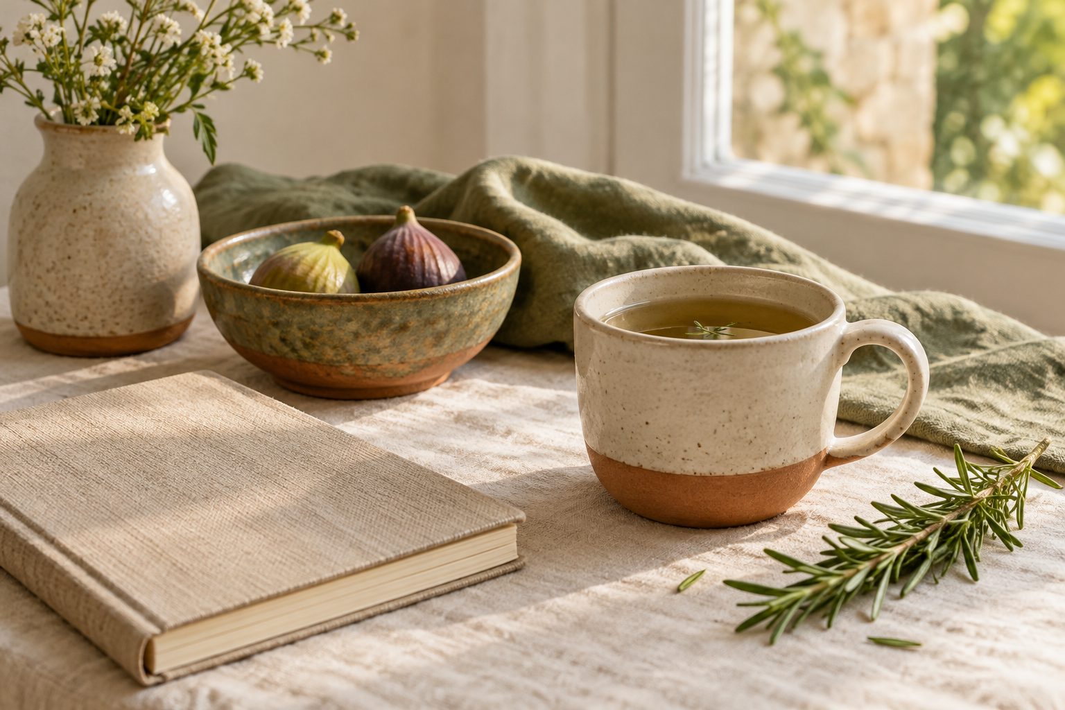 Notebook, herbal tea and rosemary on a linen cloth