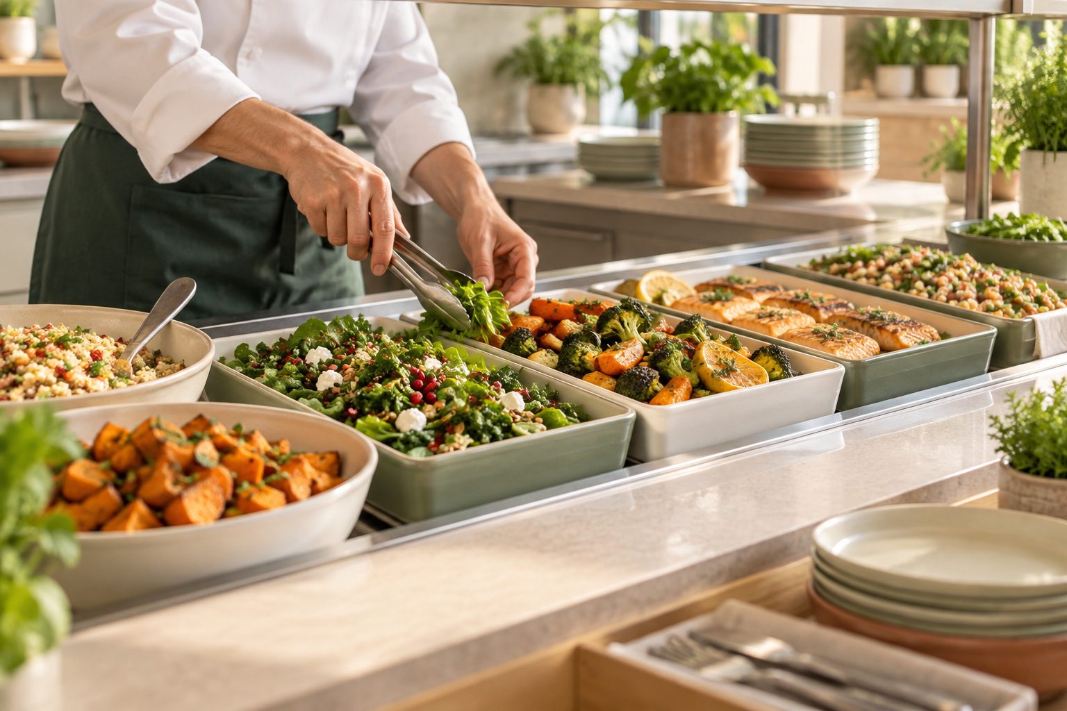 Healthy dishes on a workplace canteen counter