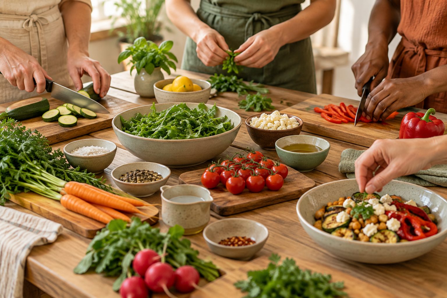 Hands preparing vegetables at a group food workshop