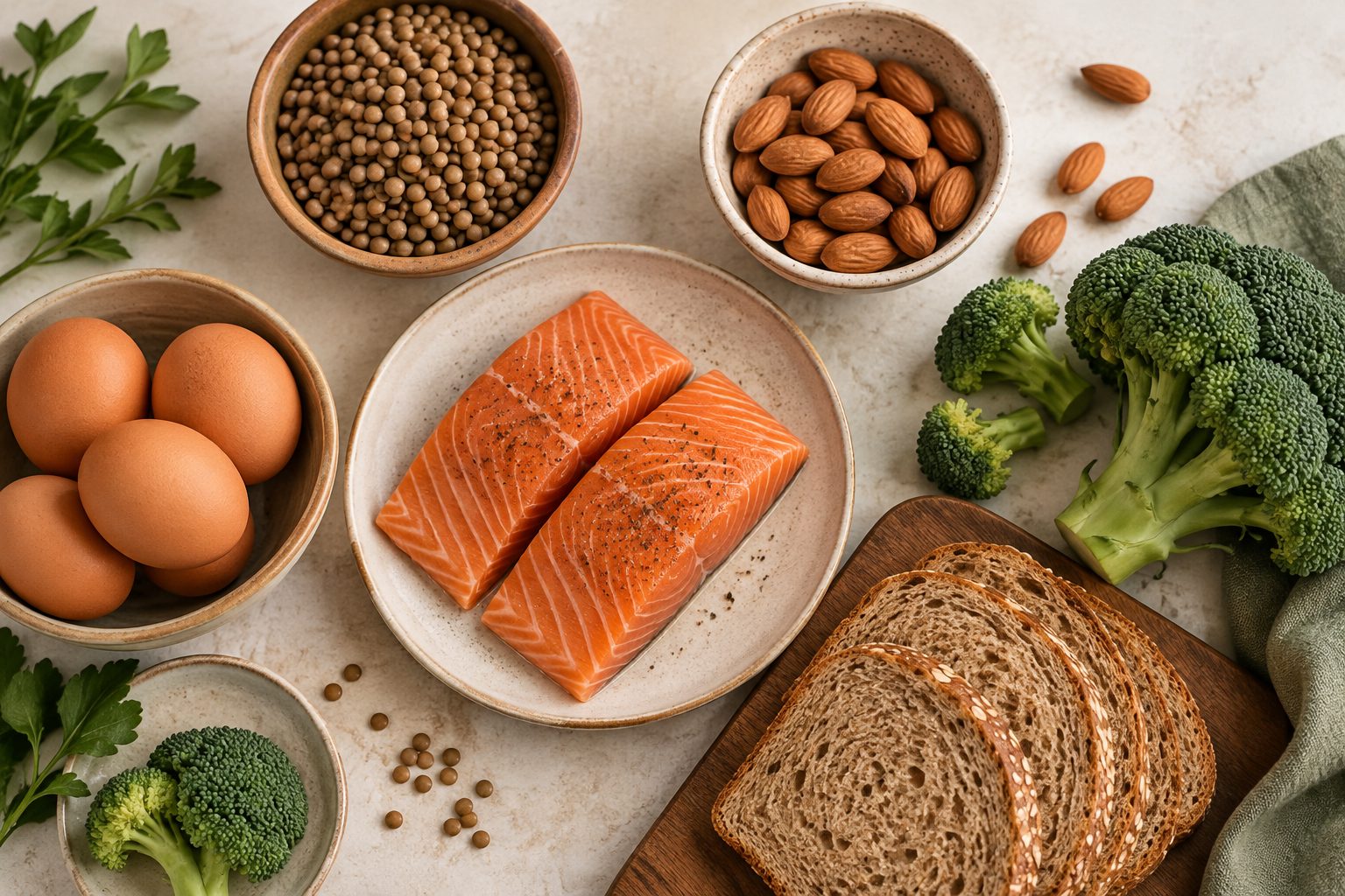 Protein and fibre rich foods laid out on a table