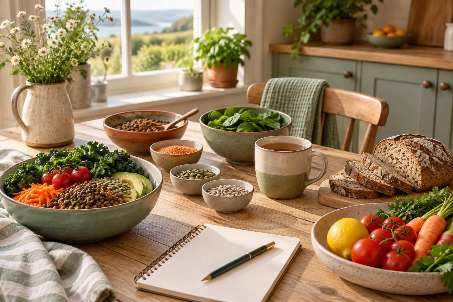 Wholefood ingredients and a cup of tea on a kitchen table