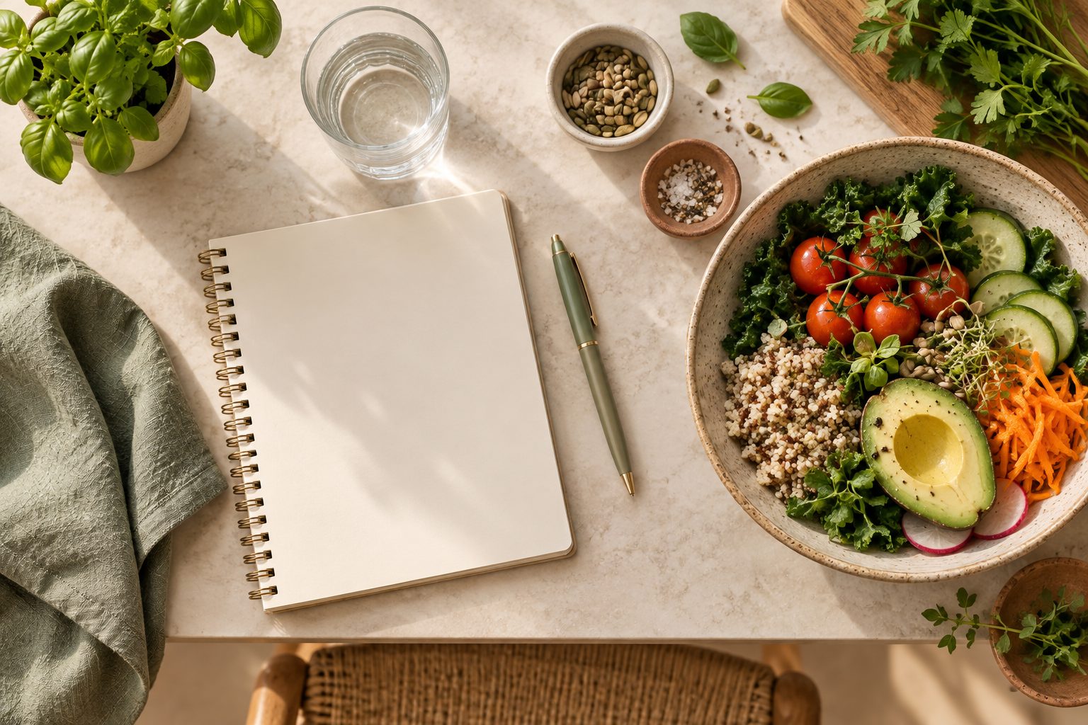 Notebook and fresh vegetables on a nutrition consultation desk