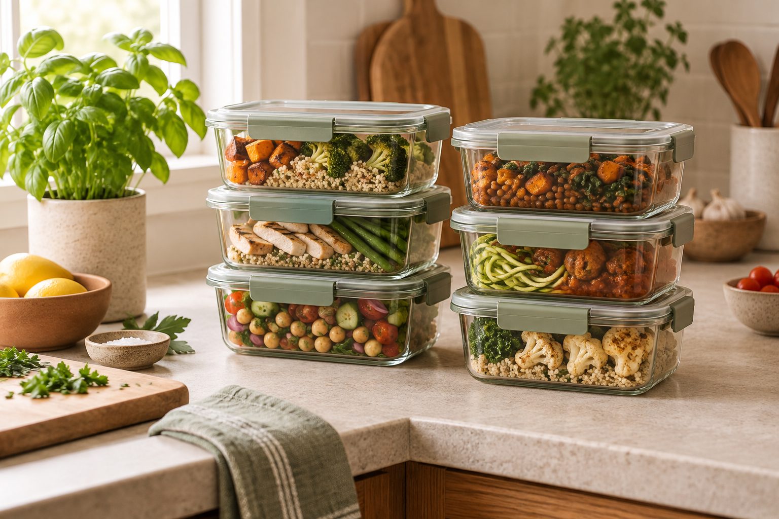 Containers of batch cooked healthy meals