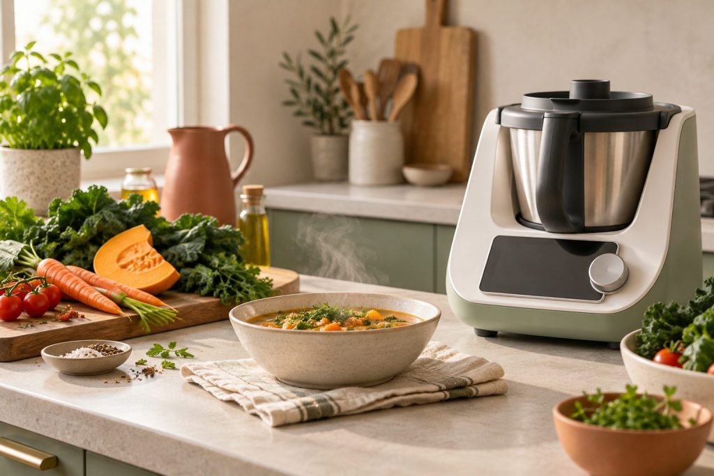 Smart kitchen appliance on a counter beside fresh vegetables