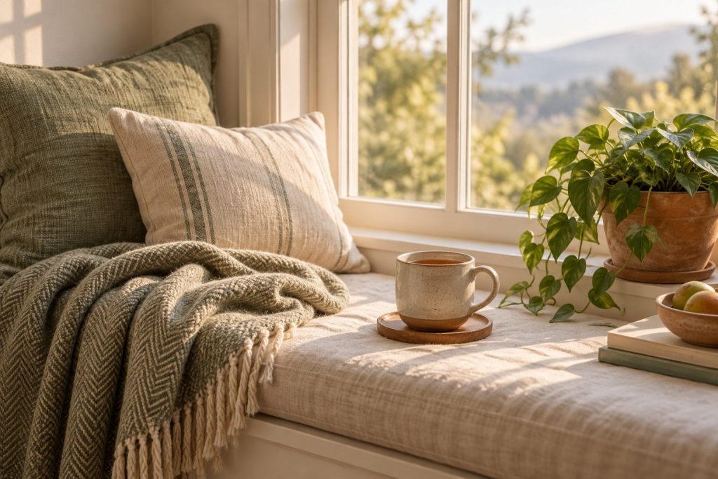 Calm window seat with blanket and mug of tea