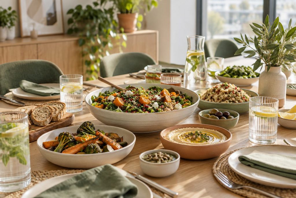Shared healthy lunch table in an office